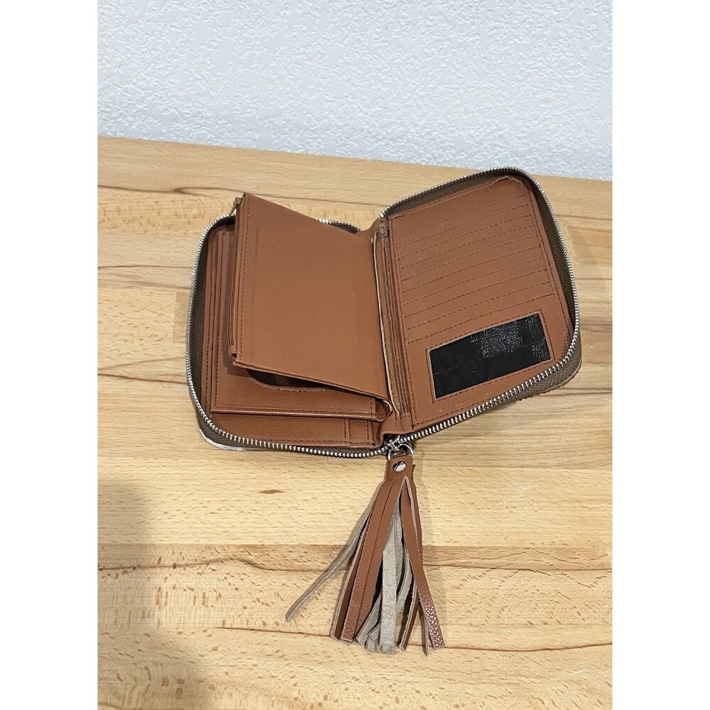Brown & White Cowhide Leather Zip-Around Wallet w Tassel Card Slots ID Window - Picture 4 of 6